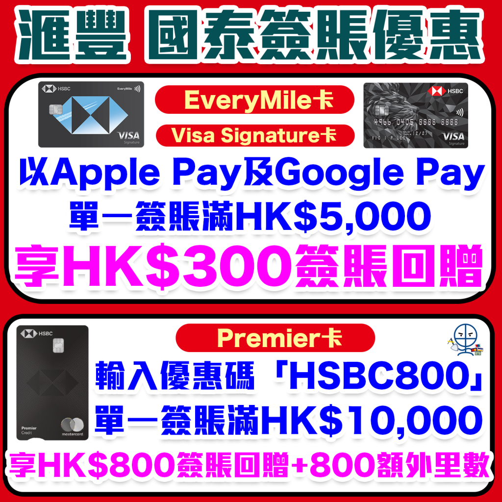 【滙豐國泰優惠】滙豐EveryMile卡或Visa Signature卡以Apple Pay或Google Pay單一簽賬滿HK$5,000 即享$300簽賬回贈！HSBC Premier信用卡於國泰官網簽賬HK$10,000及輸入優惠碼 即享HK$800即時折扣+額外800里數！