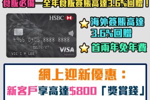 【HSBC Visa Signature信用卡】限時額外送多3個麥當勞餐！減年薪要求！食飯卡！網上申請迎新高達$1,000獎賞錢（相等於10,000里）！ 免首2年年費