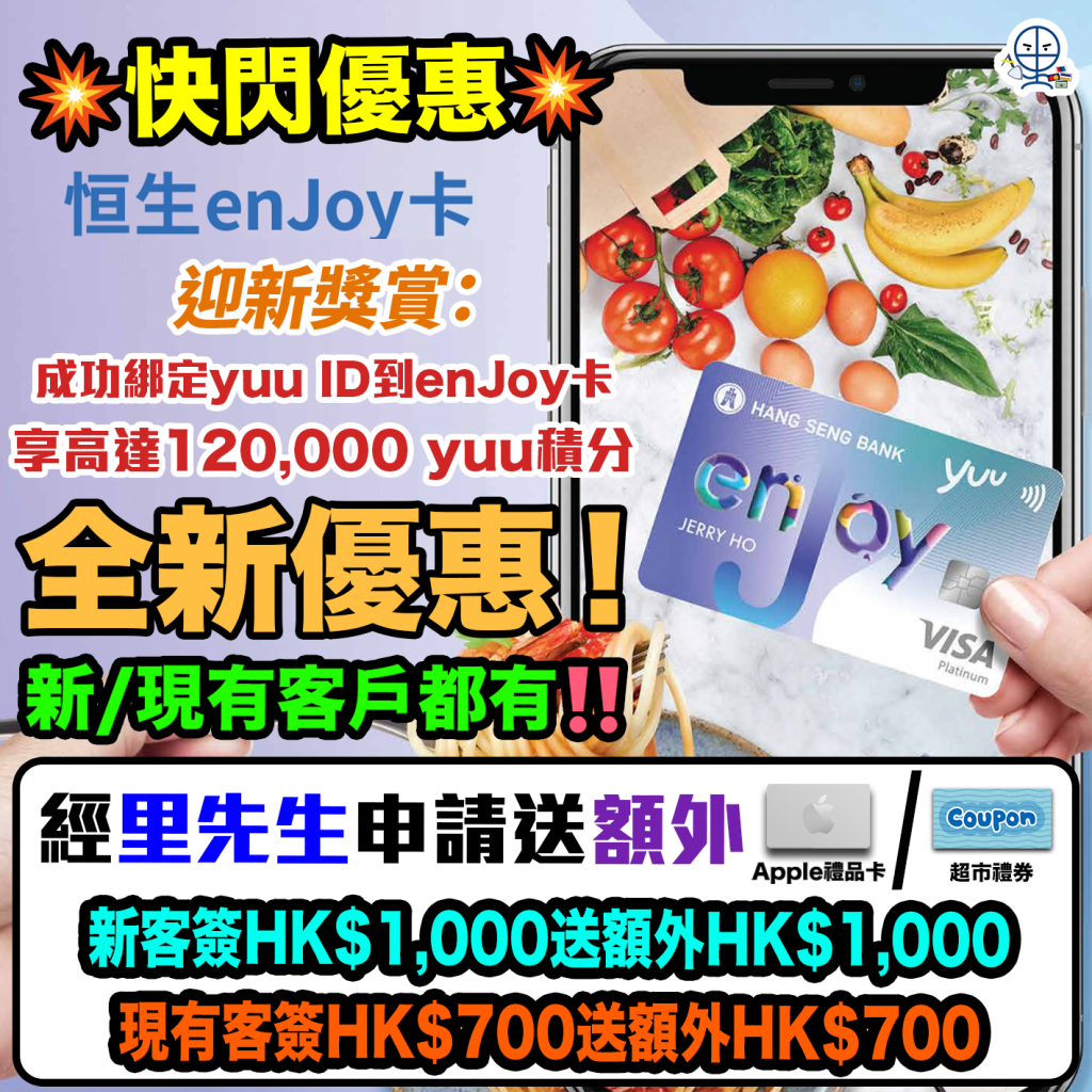 【恒生enJoy卡】迎新送額外高達HK$1,000獎賞！升級迎新獎賞總值高達HK$1,600！永久免年費！