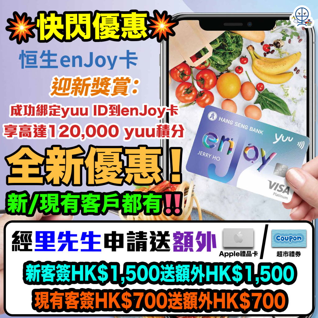 【恒生enJoy卡】迎新送額外高達HK$1,500獎賞！升級迎新獎賞總值高達HK$2,100！永久免年費！