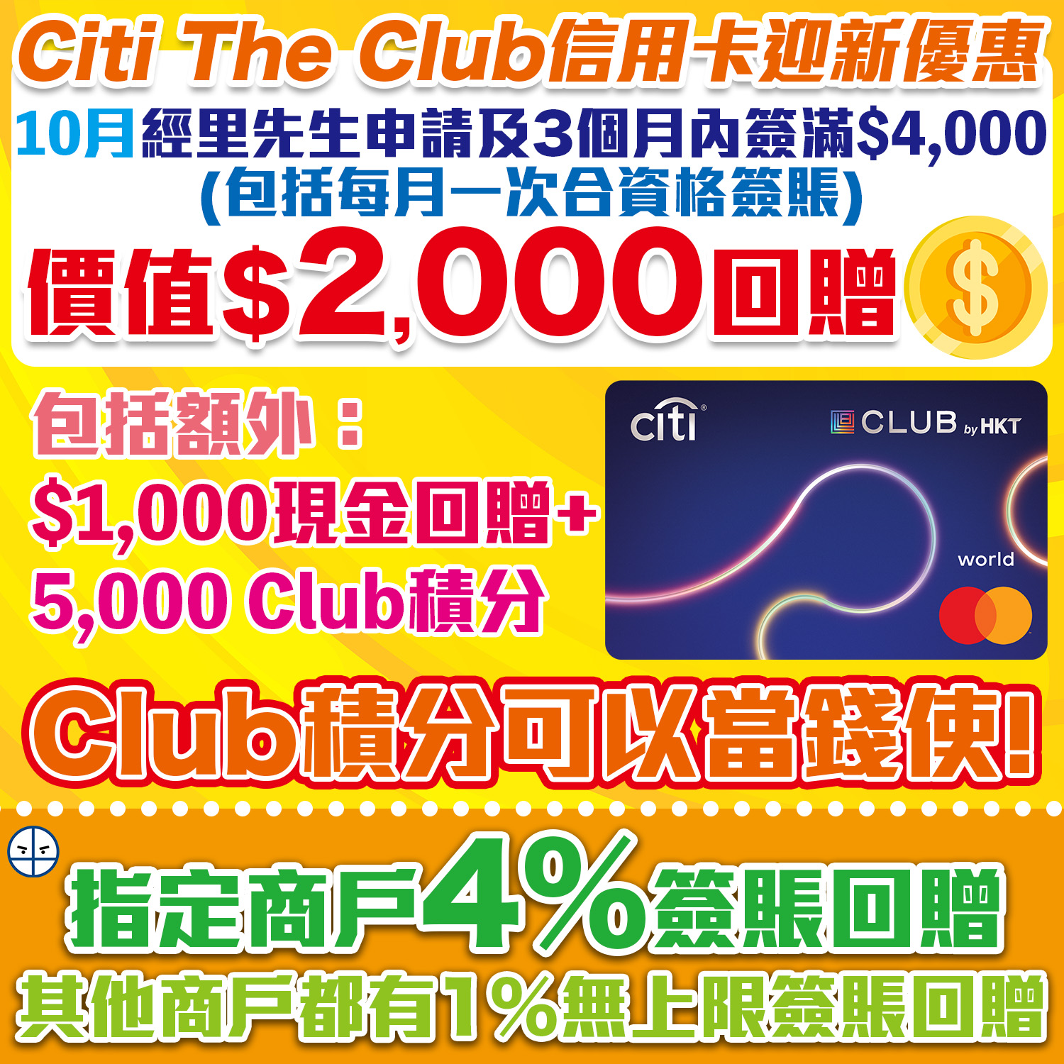 Citi The Club信用卡｜迎新賺價值$2,000獎賞！商戶4% Club積分簽賬回贈！