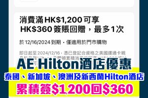 【AE Hilton優惠】AE信用卡於Hilton酒店消費滿HK$1,200享HK$360簽賬回贈！