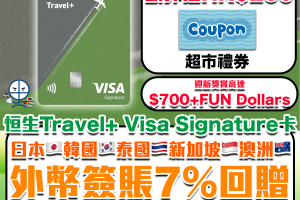 【恒生Travel+ Visa Signature卡】新舊客有迎新額外送$200！永久免年費！7%日本韓國泰國外幣簽賬/ 本地餐飲食飯 交通5% +FUN Dollars回贈 +年薪要求低