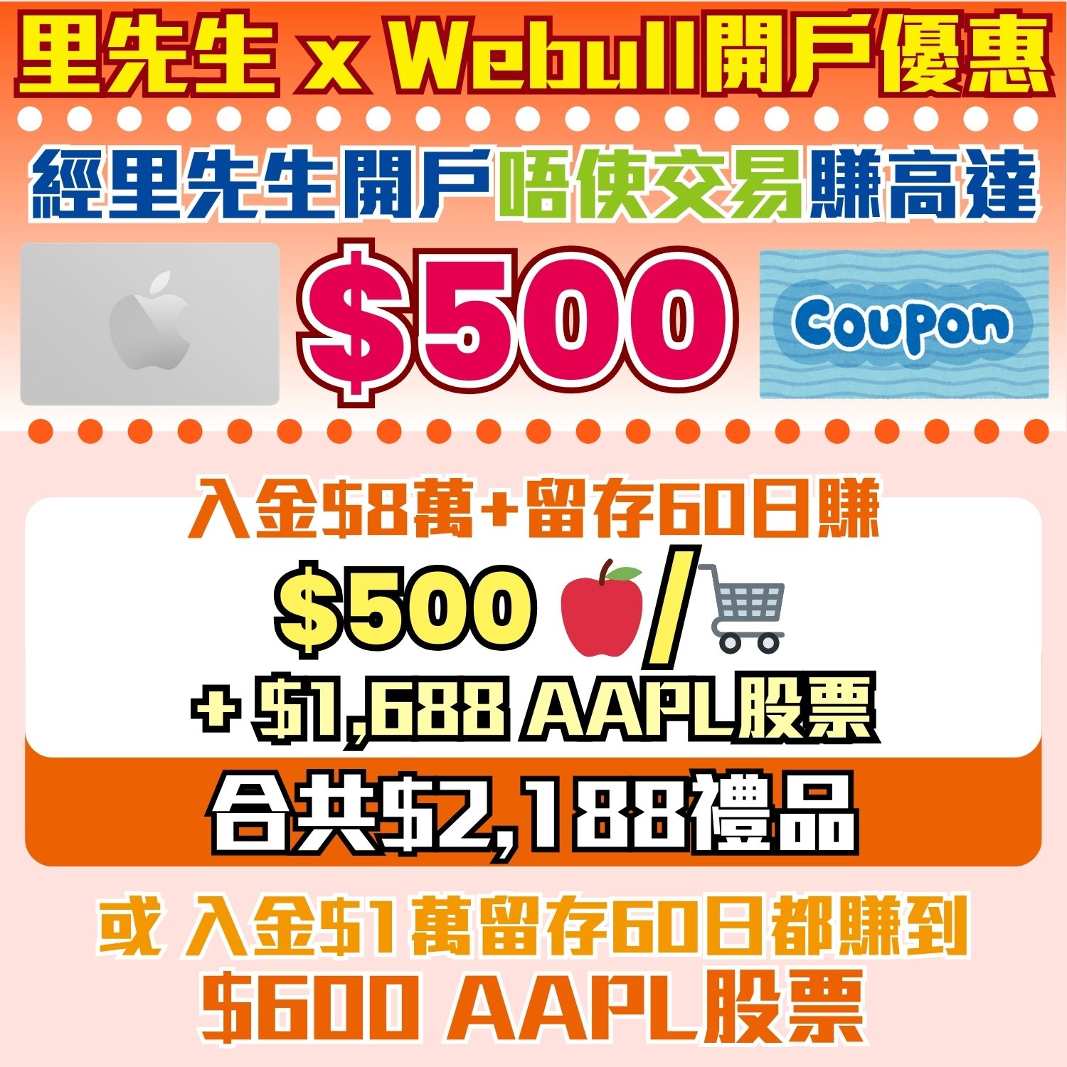 【Webull微牛證券開户優惠】無需交易！經里先生開戶額外送高達HK$500 Apple禮品卡/超市現金券！留存仲賺到高達HK$1,688蘋果股票！