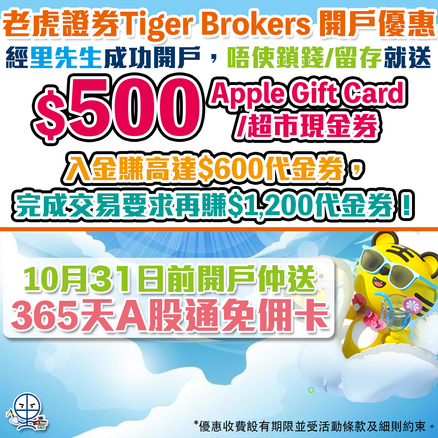 老虎證券開戶優惠｜今期迎新送里先生額外高達HK$500獎賞＋高達HK$1,800股票代金券！