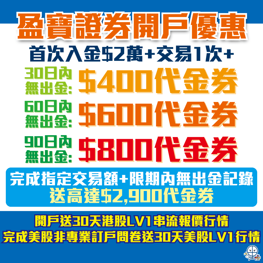 盈寶證券開戶優惠｜入HK$2萬賺高達HK$800代金券，可提現！