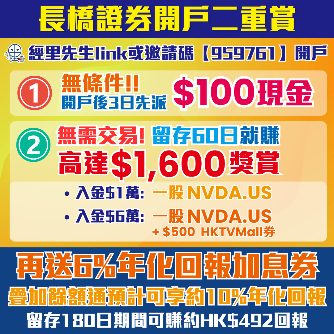 【長橋證券開戶優惠】無需交易先賺HK$100現金！存入$10,000賺一股 NVDA.US，價值約$1,100！