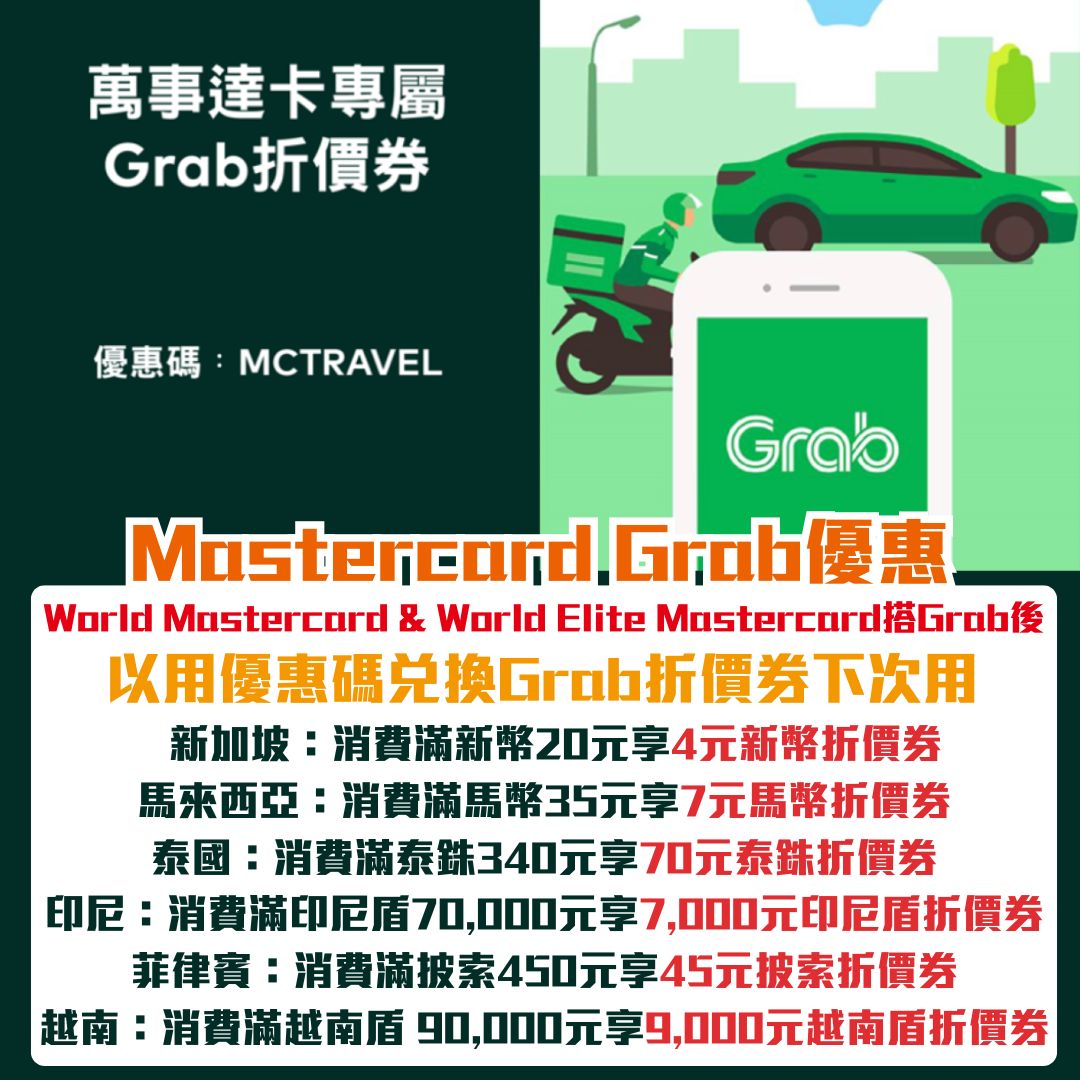 Mastercard Grab優惠｜萬事達卡優惠碼「MCTRAVEL」喺新加坡、馬來西亞、越南及泰國等地搭Grab送Grab Transport折價券！